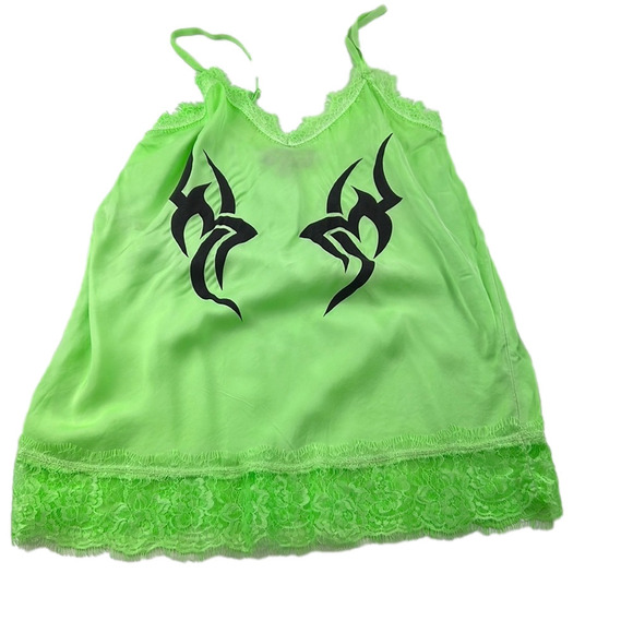 New Girl Order green cami top with lace trim and tattoo print in neon Medium - Picture 1 of 10